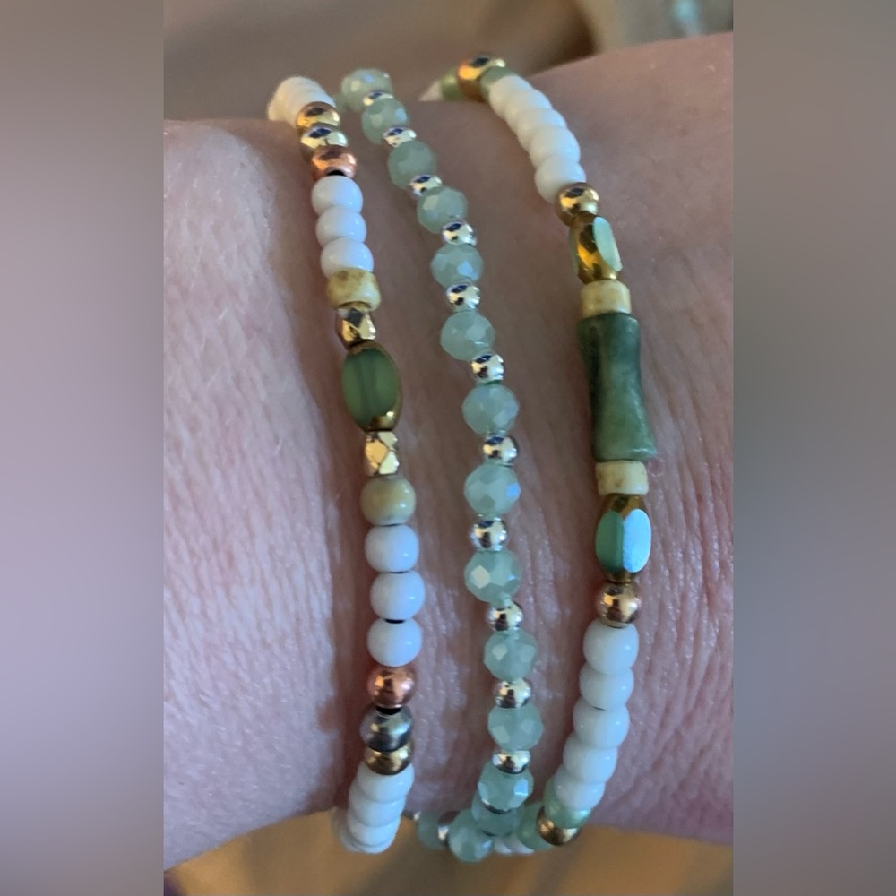 Elegant three  Beaded bracelets with Green and Gold Accents